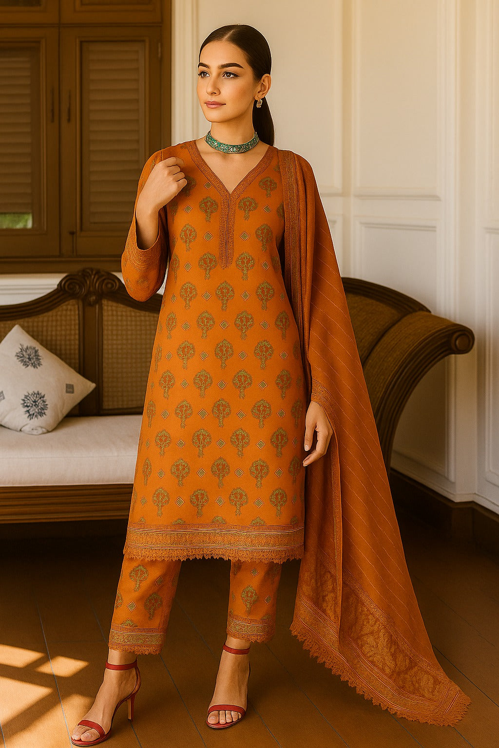 Luxury Lawn 3 Piece with Matching Trouser and Banarsi Dupatta