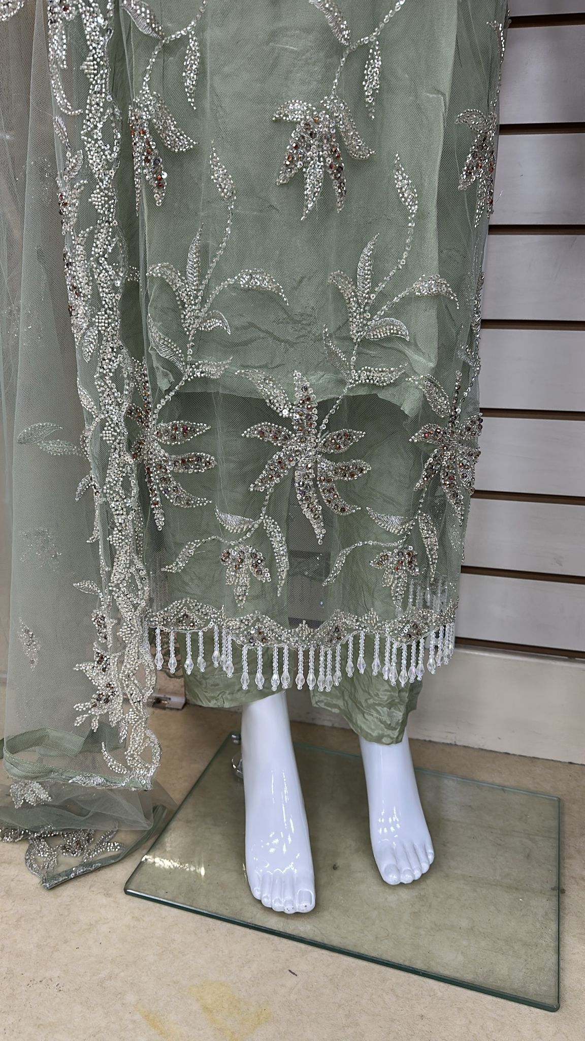 Luxury Party Wear - Handmade Cutdana Embroided Net with Plain Trouser and Embroided Cutdana Dupatta
