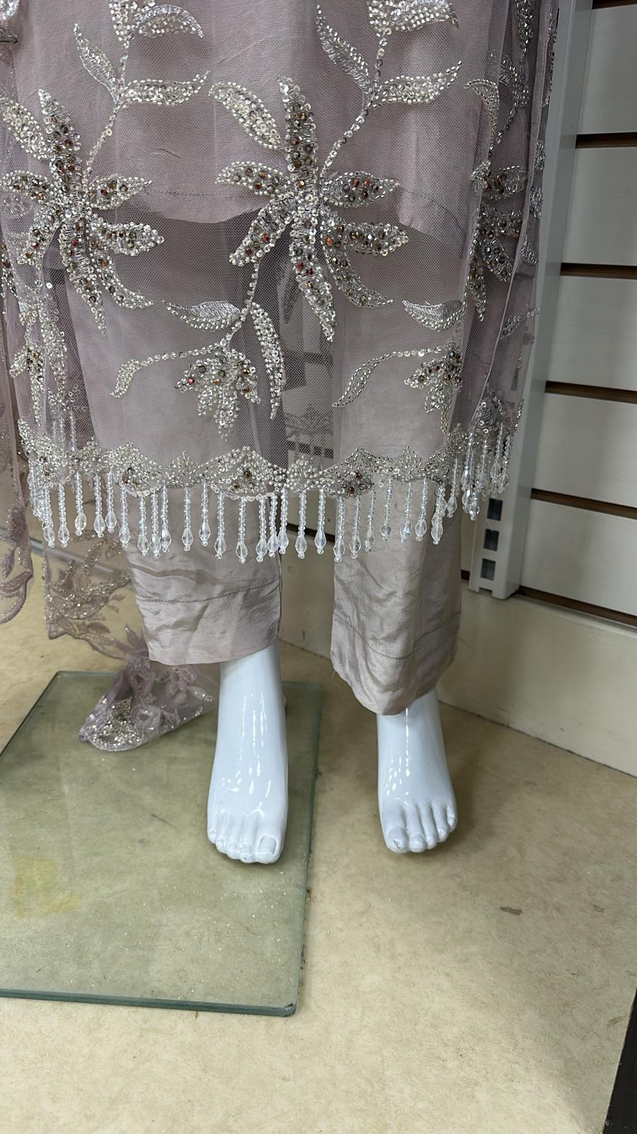 Luxury Party Wear - Handmade Cutdana Embroided Net with Plain Trouser and Embroided Cutdana Dupatta