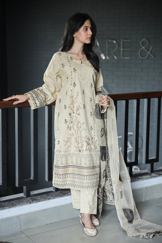 Brosha Lawn with Plain Trouser and Fancy Organza Dupatta
