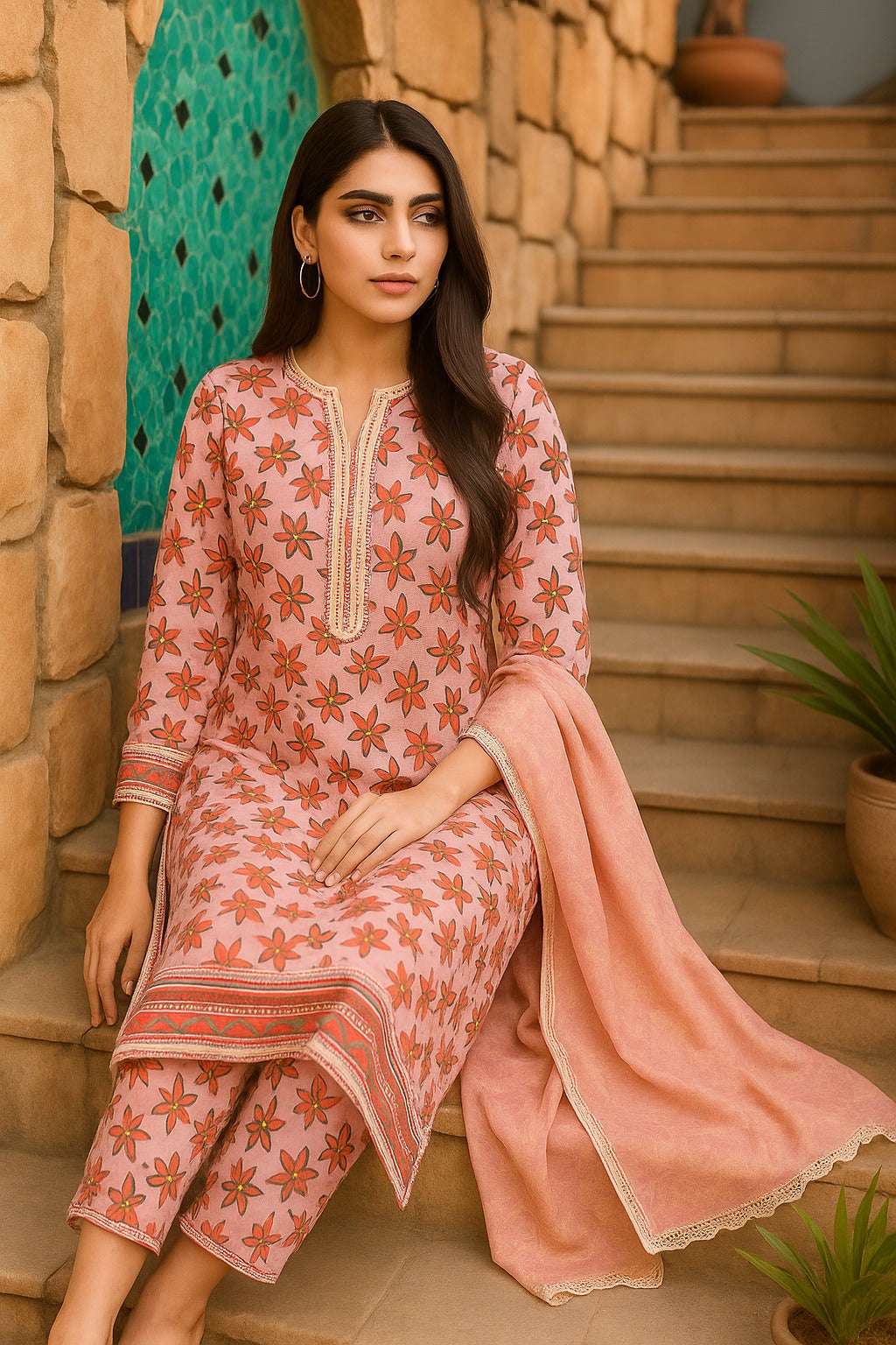 Luxury Lawn 3 Piece with Matching Trouser and Banarsi Dupatta