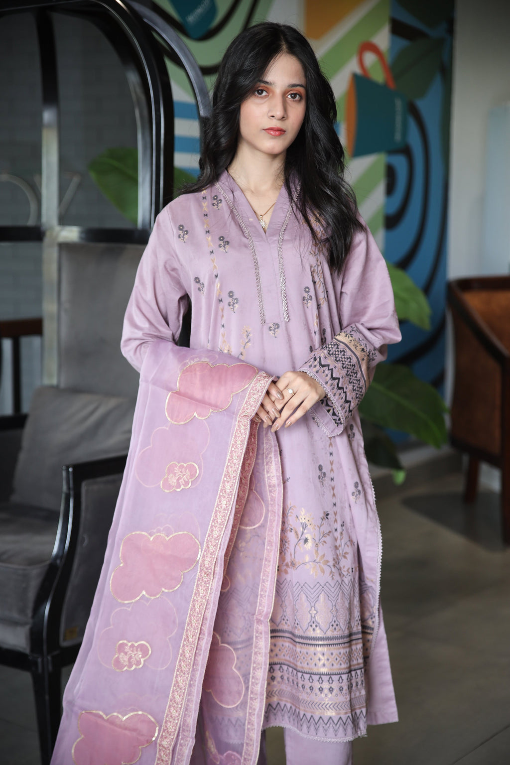 Brosha Lawn with Plain Trouser and Fancy Organza Dupatta