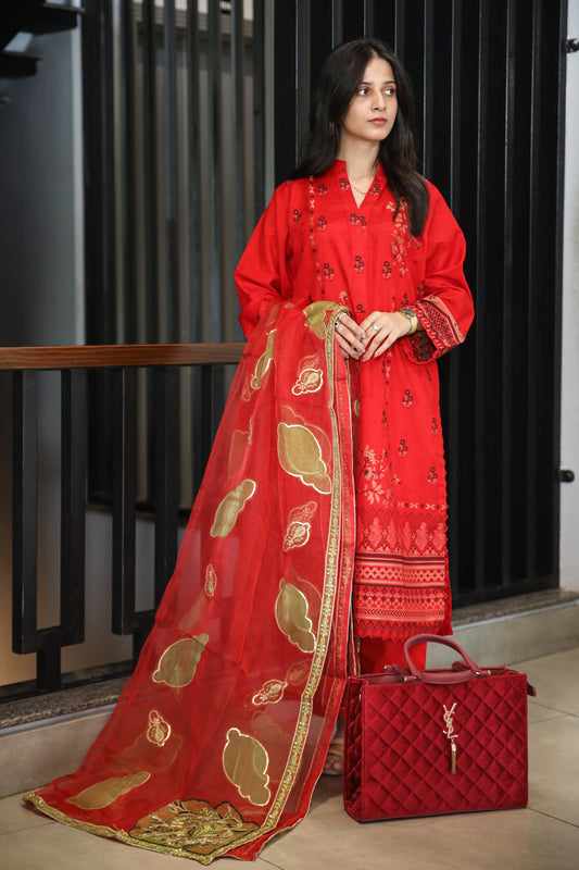 Brosha Lawn with Plain Trouser and Fancy Organza Dupatta