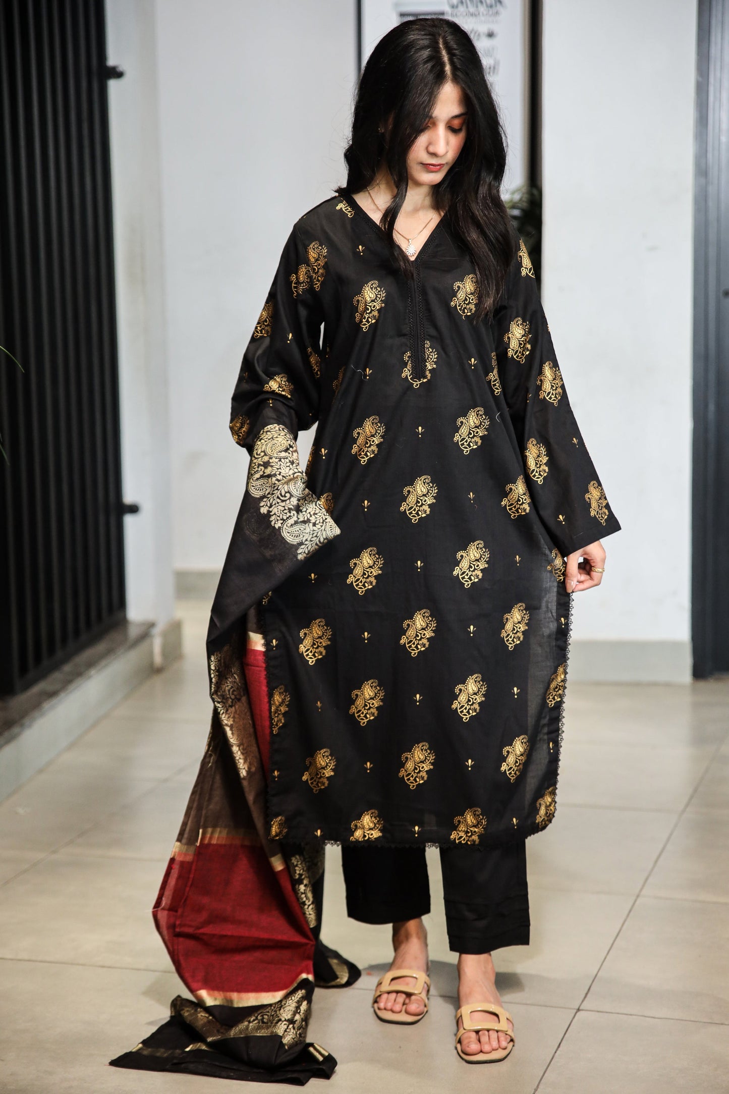 Fancy Lawn Brosha with Plain Trouser and Banarsi Lawn Dupatta