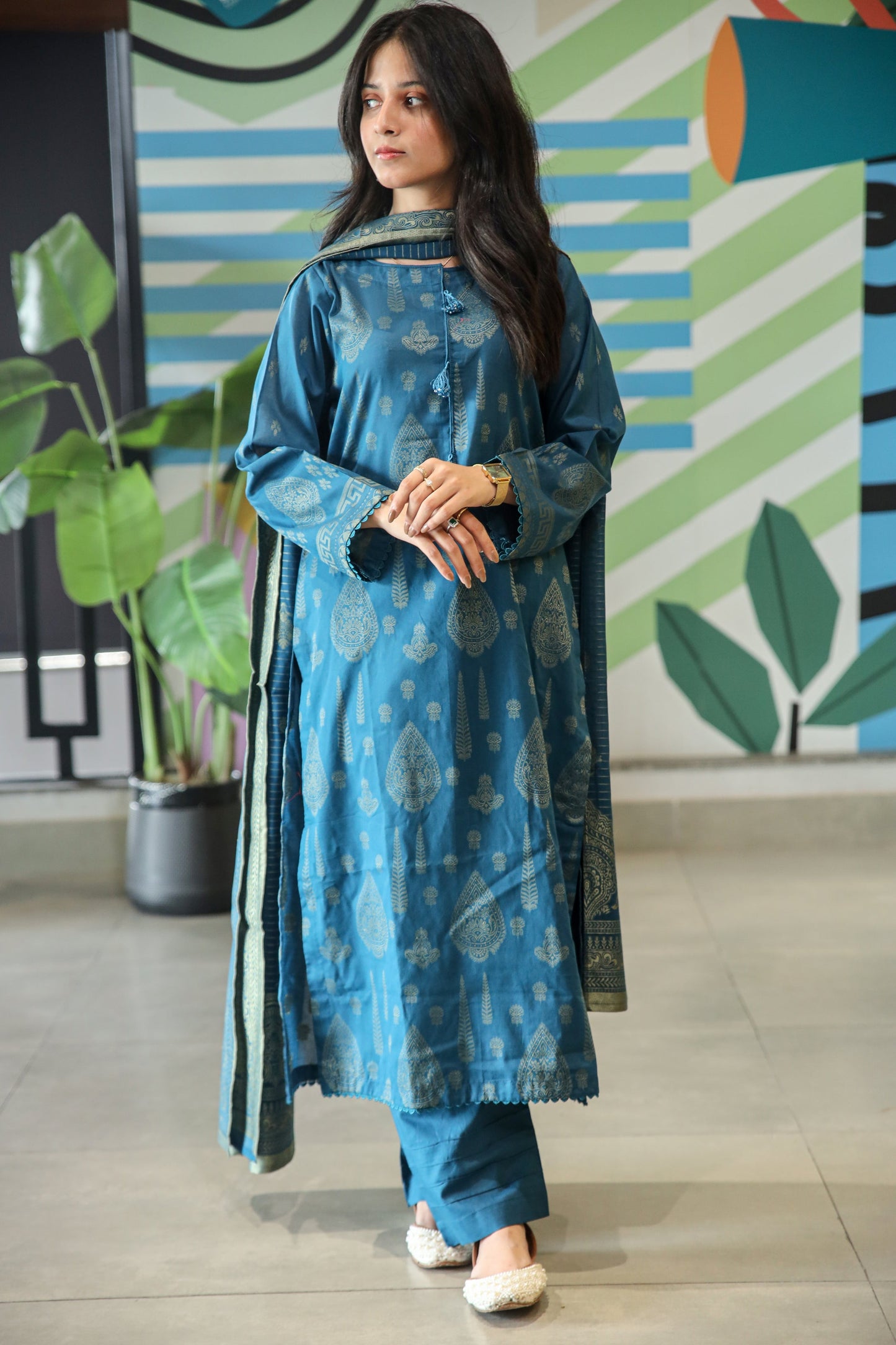 Fancy Lawn Brosha with Plain Trouser and Banarsi Lawn Dupatta