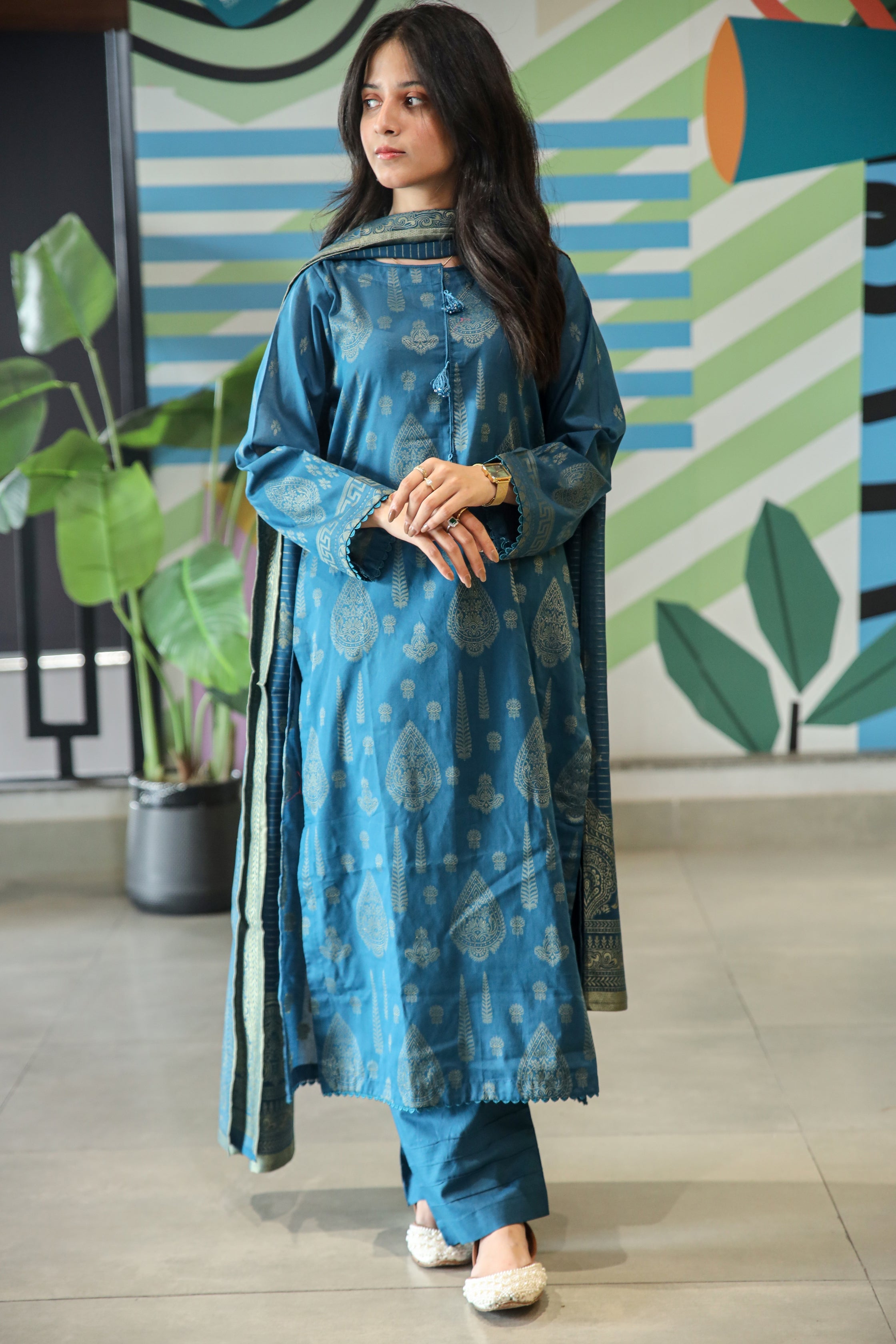 Fancy Lawn Brosha with Plain Trouser and Banarsi Lawn Dupatta