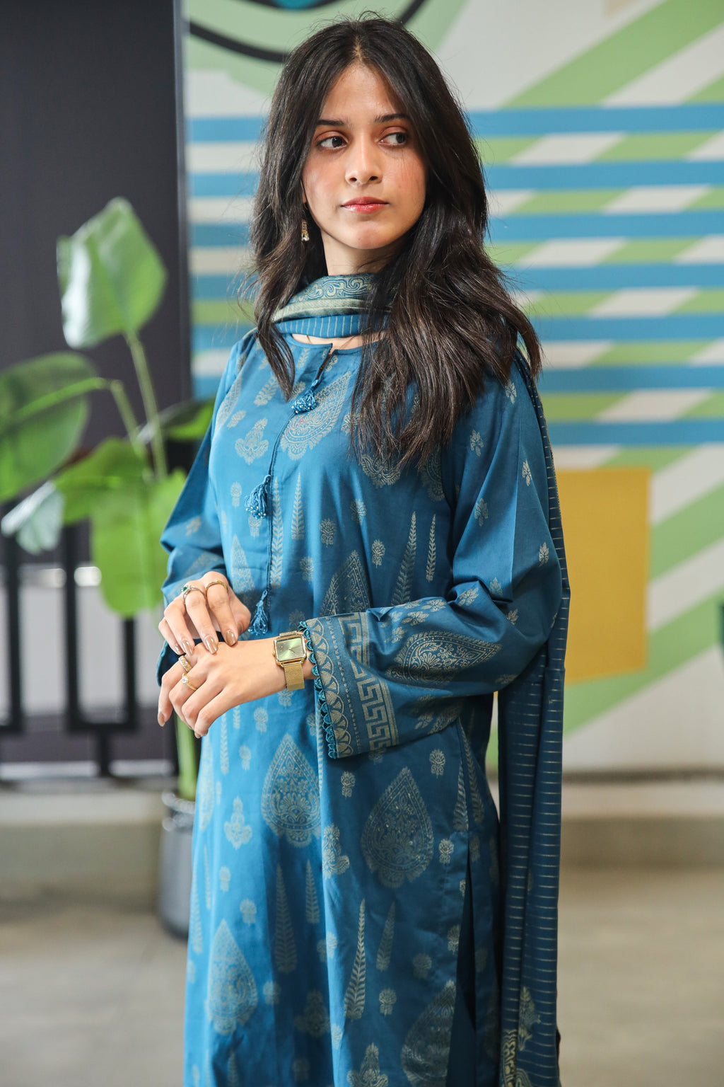 Fancy Lawn Brosha with Plain Trouser and Banarsi Lawn Dupatta