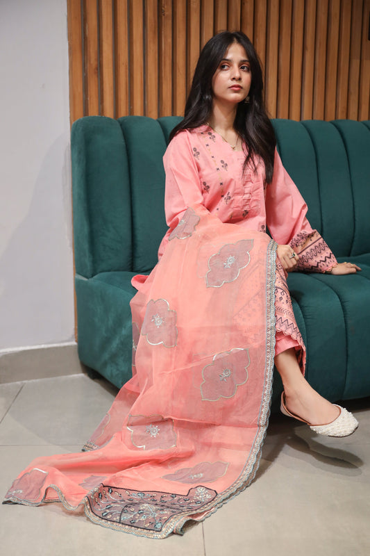 Brosha Lawn with Plain Trouser and Fancy Organza Dupatta