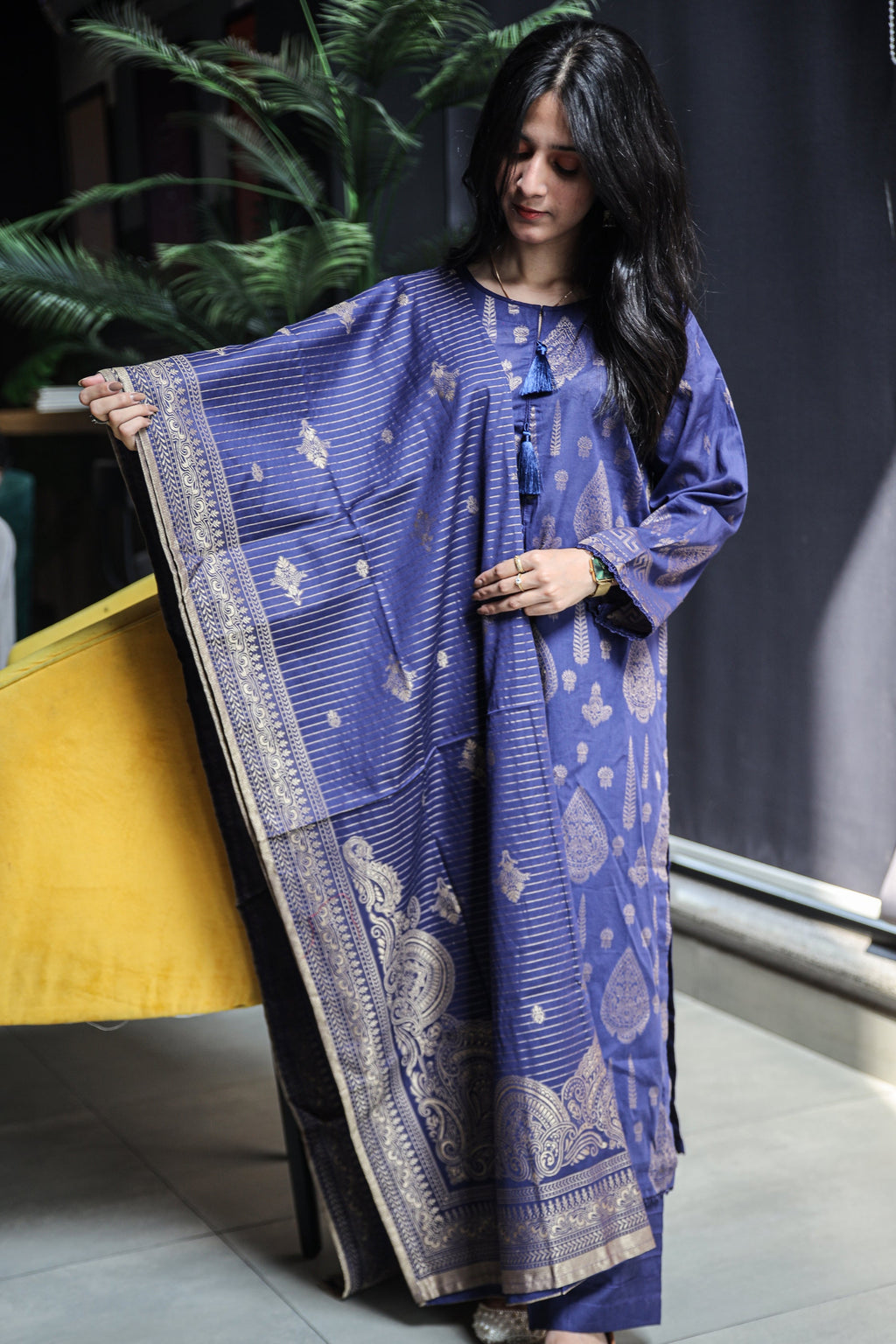 Fancy Lawn Brosha with Plain Trouser and Banarsi Lawn Dupatta