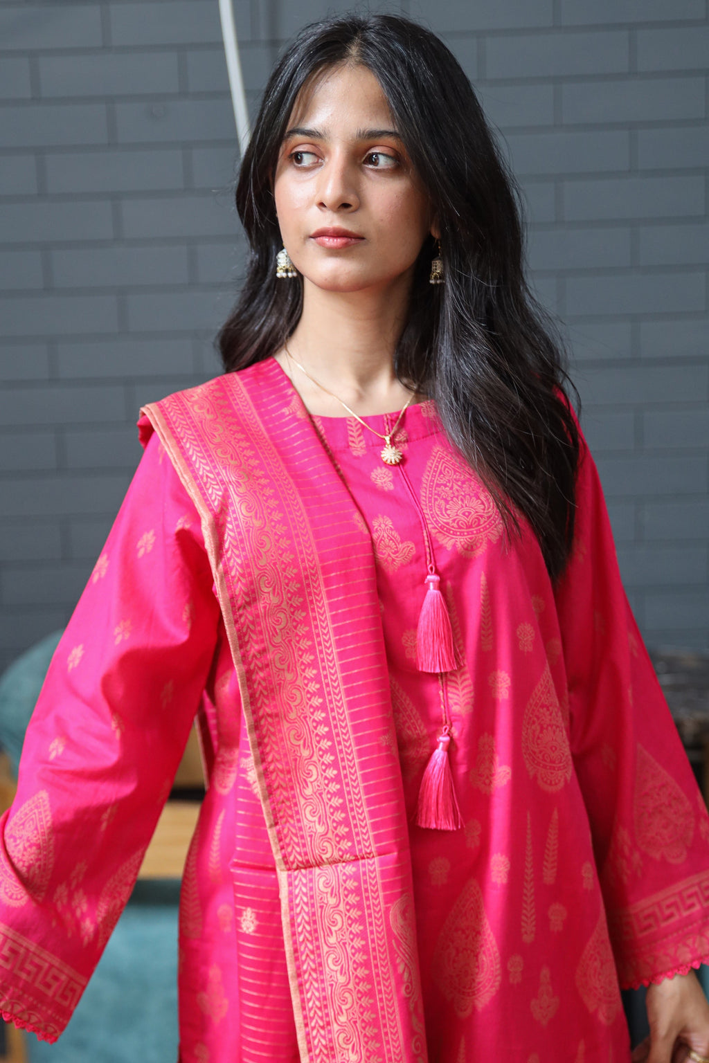 Fancy Lawn Brosha with Plain Trouser and Banarsi Lawn Dupatta