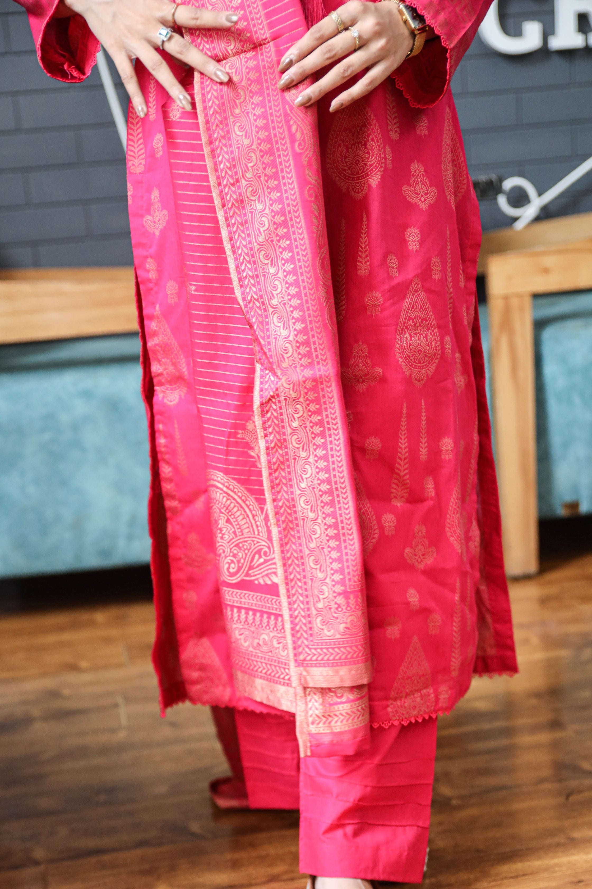 Fancy Lawn Brosha with Plain Trouser and Banarsi Lawn Dupatta