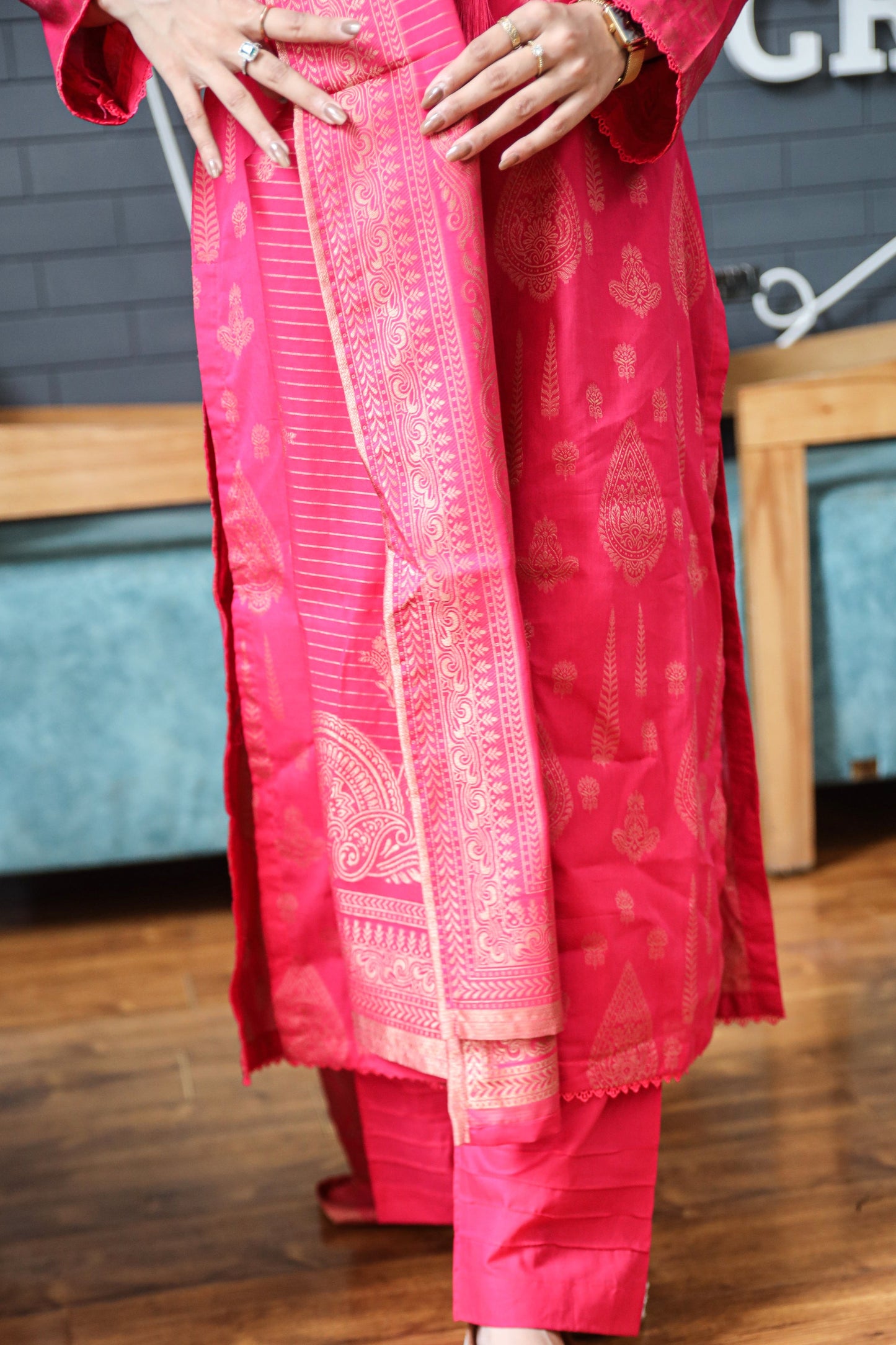 Fancy Lawn Brosha with Plain Trouser and Banarsi Lawn Dupatta