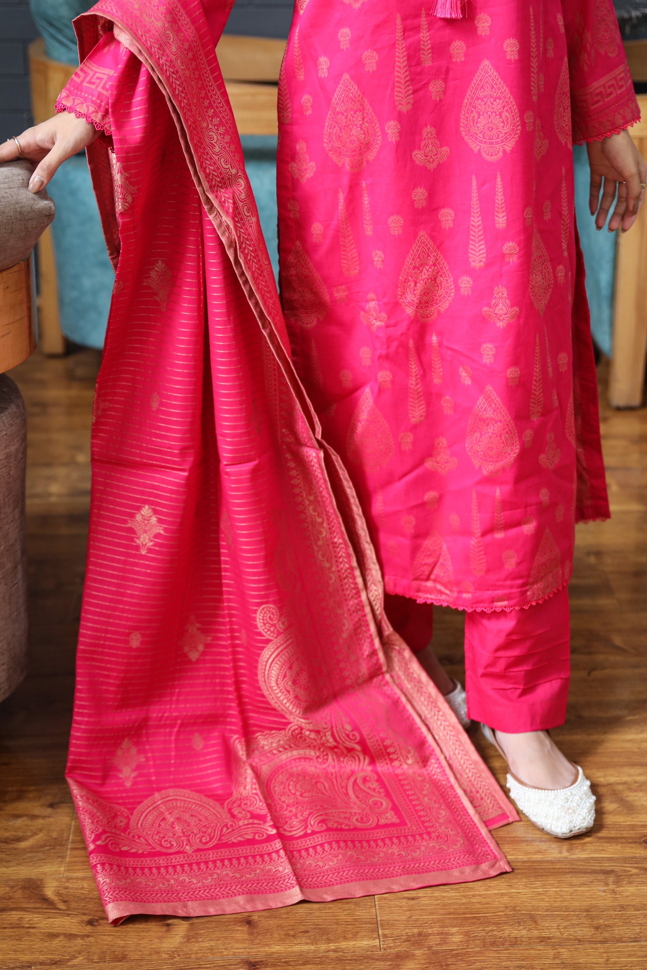 Fancy Lawn Brosha with Plain Trouser and Banarsi Lawn Dupatta