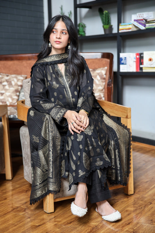 Fancy Lawn Brosha with Plain Trouser and Banarsi Lawn Dupatta