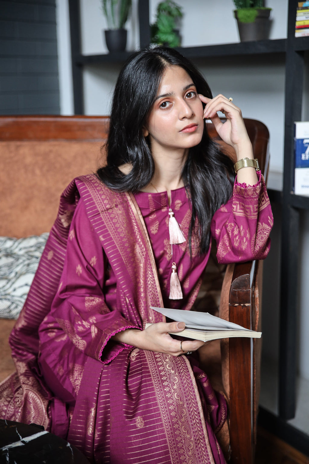 Fancy Lawn Brosha with Plain Trouser and Banarsi Lawn Dupatta