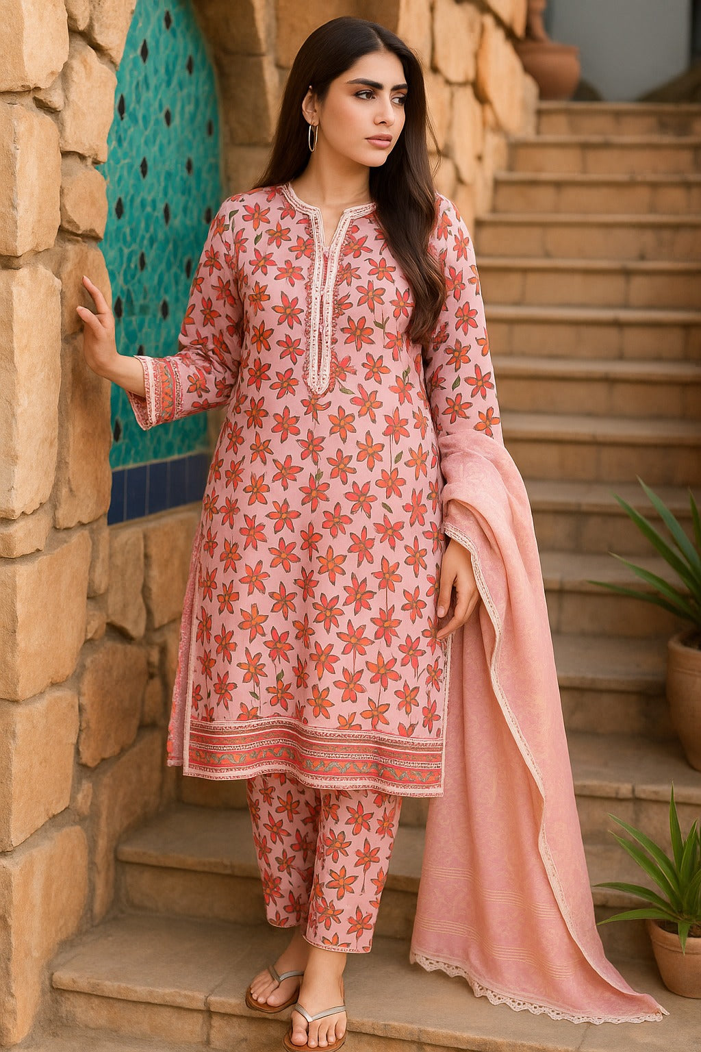Luxury Lawn 3 Piece with Matching Trouser and Banarsi Dupatta