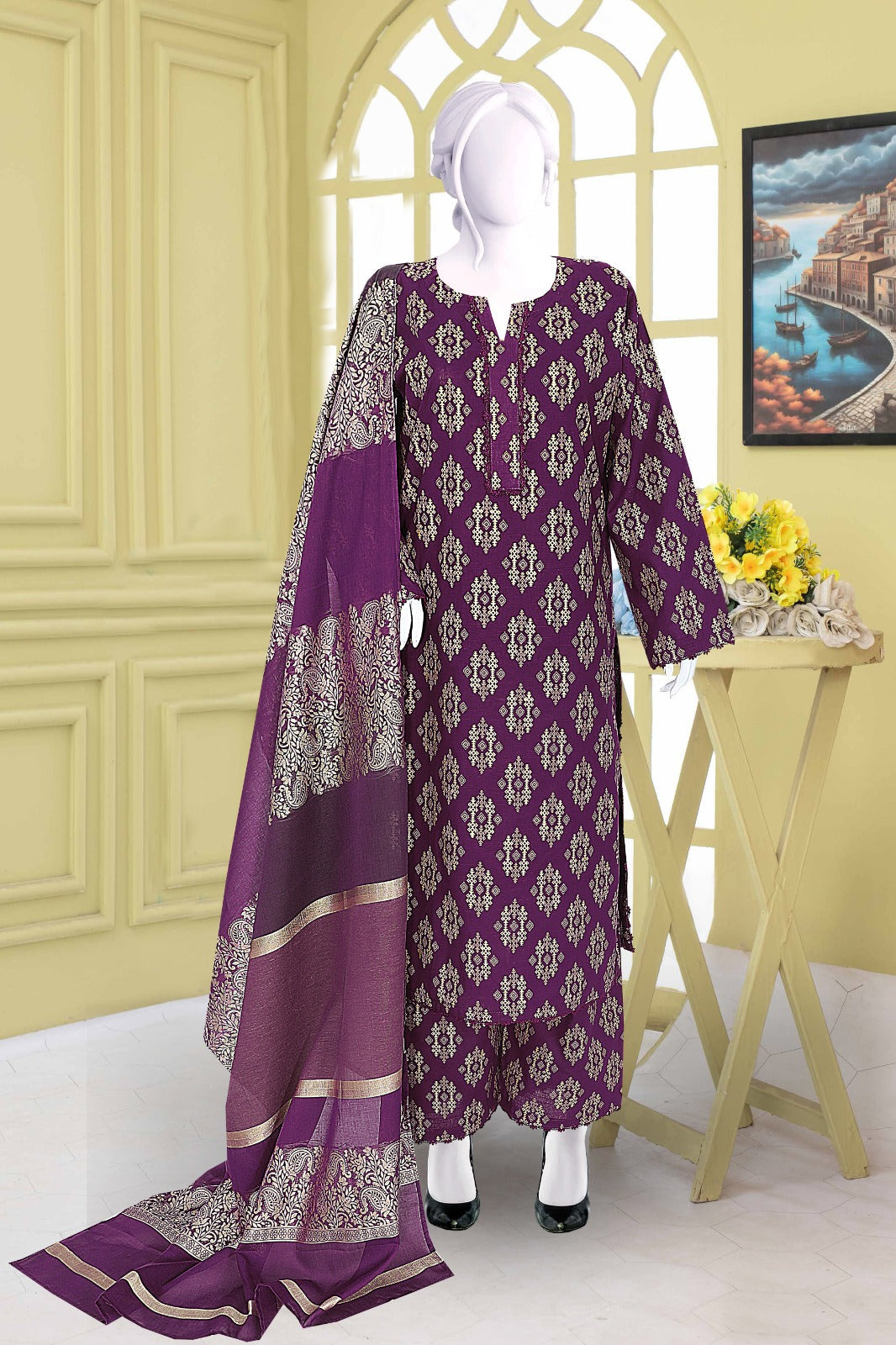 AlKaram Khaddar 3 Piece with Matching Trouser and Banarsi Tilla Shawl