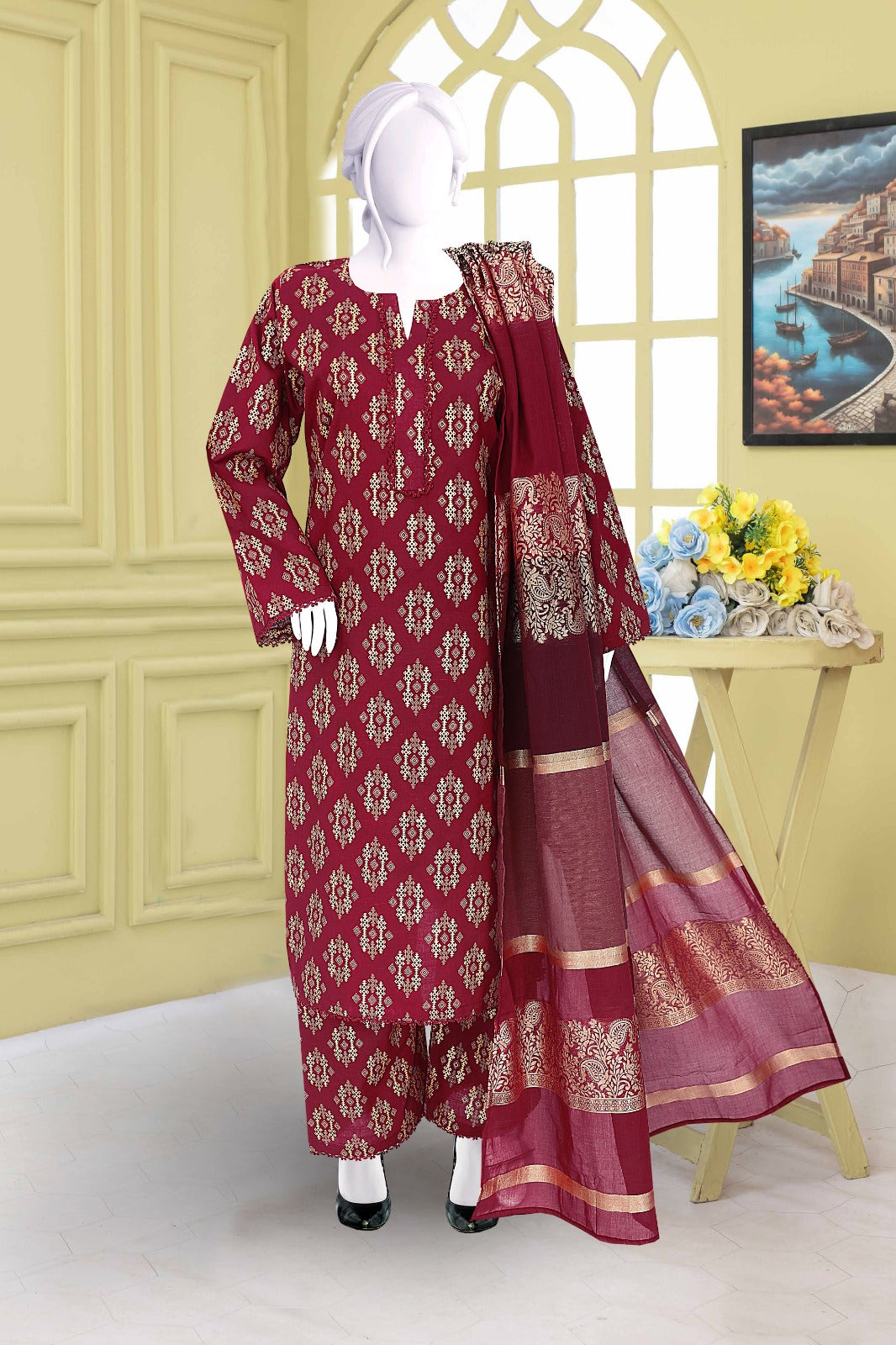 AlKaram Khaddar 3 Piece with Matching Trouser and Banarsi Tilla Shawl