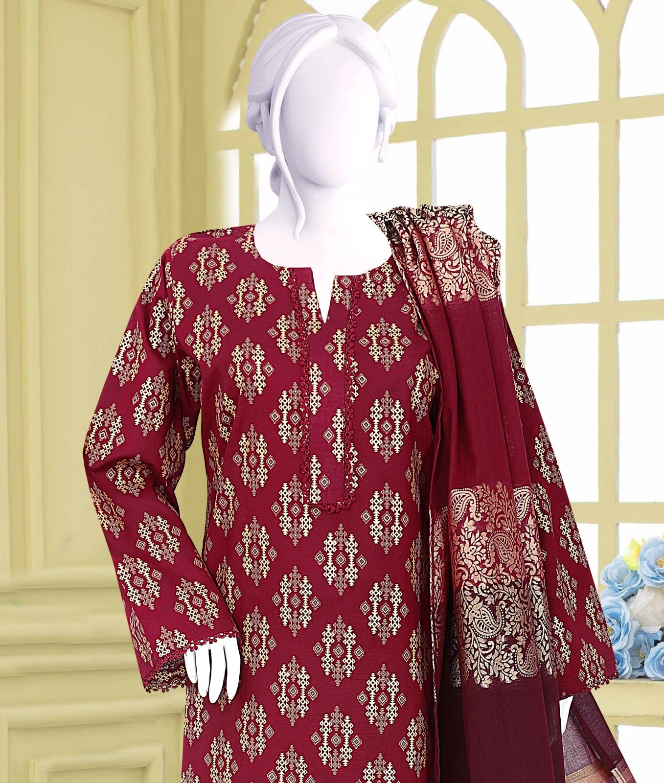 AlKaram Khaddar 3 Piece with Matching Trouser and Banarsi Tilla Shawl