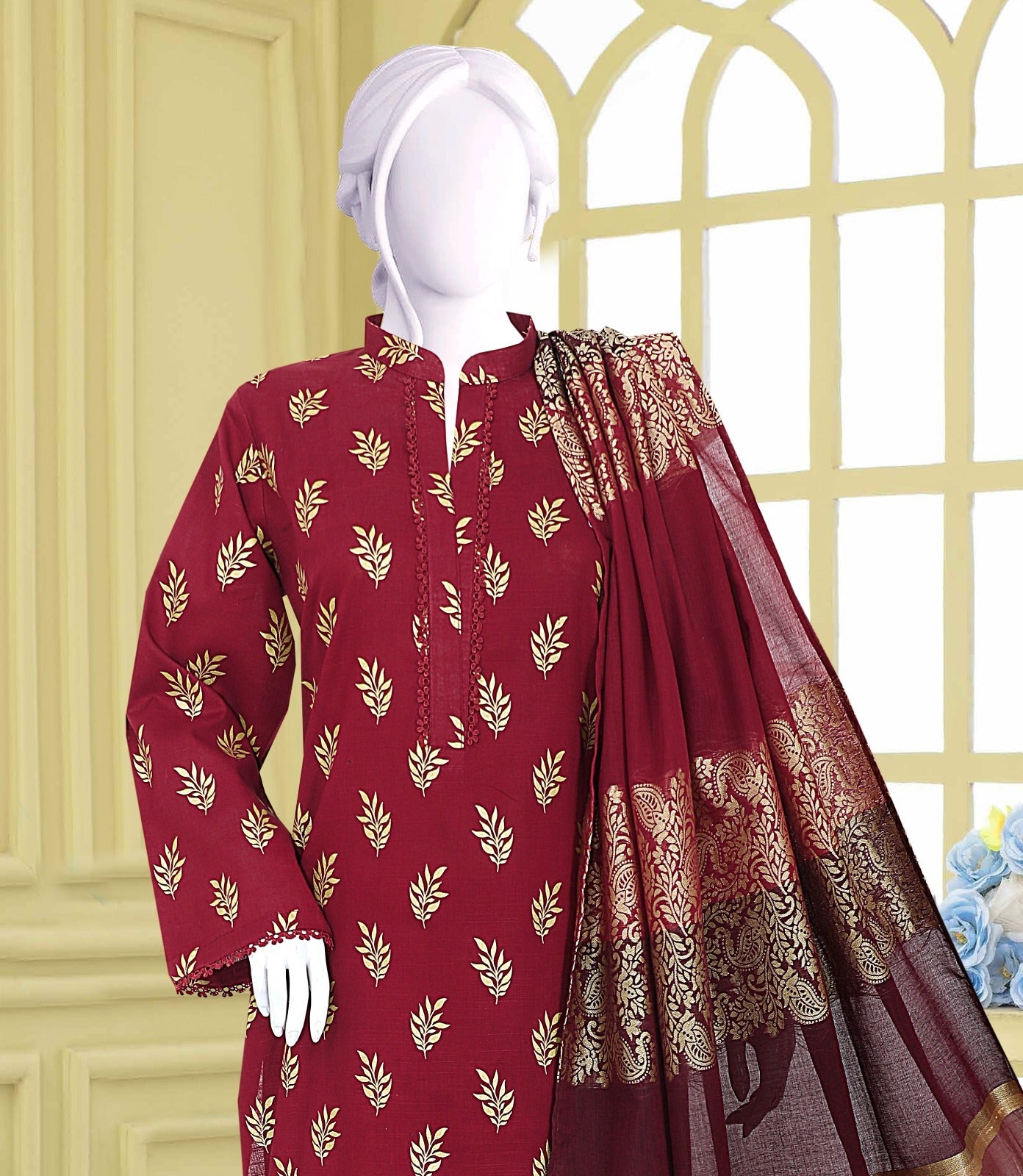 AlKaram Khaddar 3 Piece with Matching Trouser and Banarsi Tilla Shawl