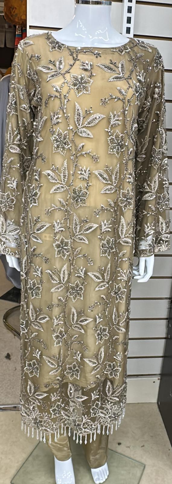 Luxury Party Wear - Handmade Cutdana Embroided Net with Plain Trouser and Embroided Cutdana Dupatta