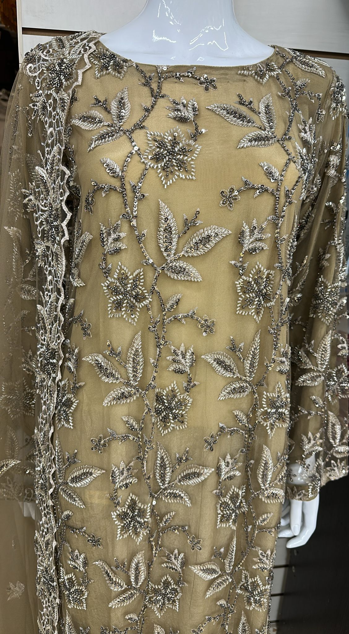 Luxury Party Wear - Handmade Cutdana Embroided Net with Plain Trouser and Embroided Cutdana Dupatta