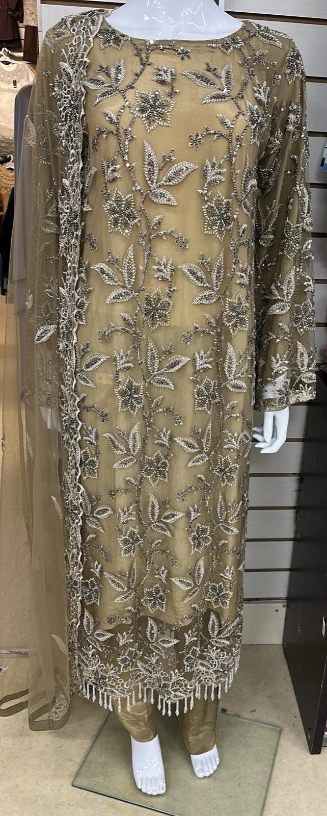 Luxury Party Wear - Handmade Cutdana Embroided Net with Plain Trouser and Embroided Cutdana Dupatta