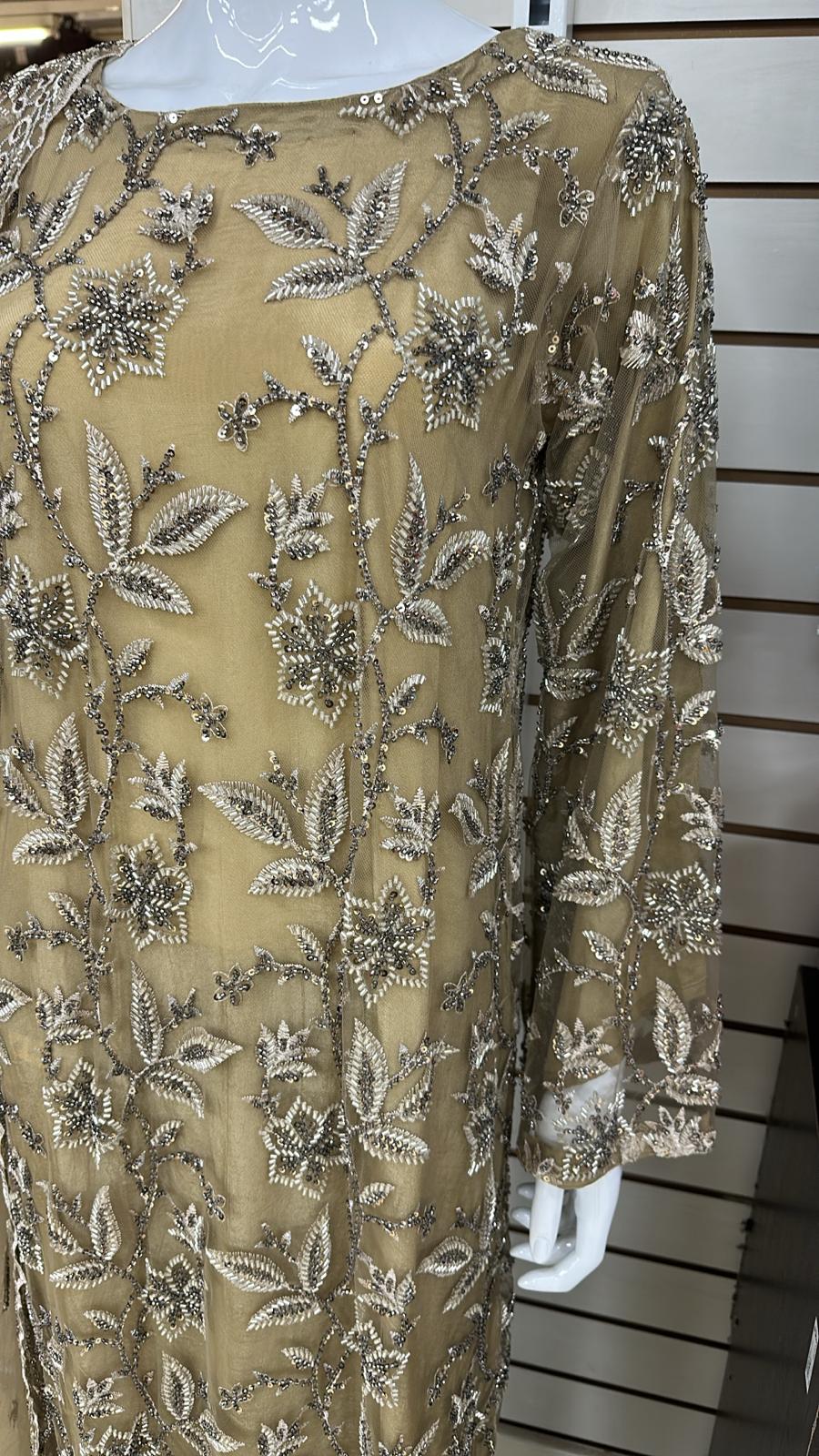 Luxury Party Wear - Handmade Cutdana Embroided Net with Plain Trouser and Embroided Cutdana Dupatta