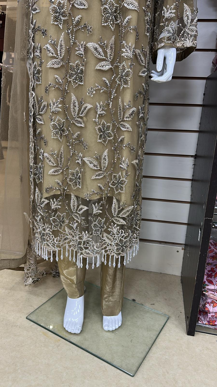 Luxury Party Wear - Handmade Cutdana Embroided Net with Plain Trouser and Embroided Cutdana Dupatta
