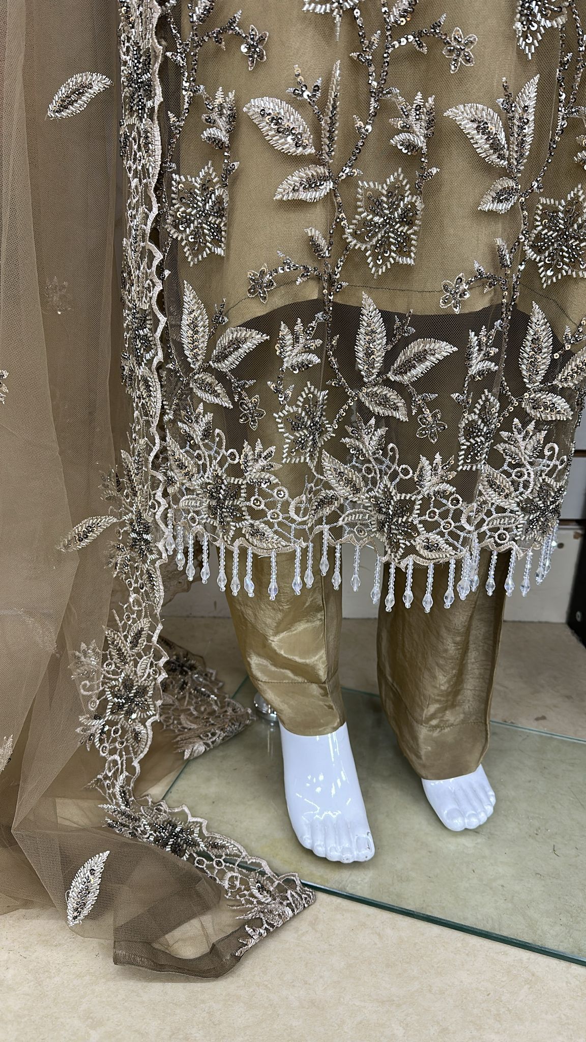 Luxury Party Wear - Handmade Cutdana Embroided Net with Plain Trouser and Embroided Cutdana Dupatta