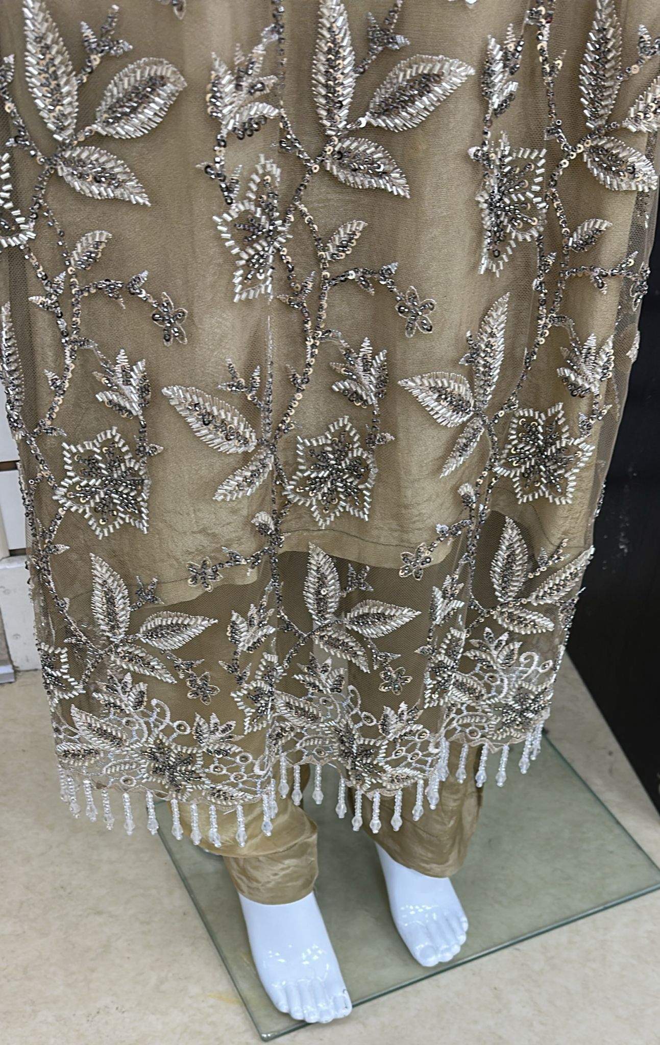 Luxury Party Wear - Handmade Cutdana Embroided Net with Plain Trouser and Embroided Cutdana Dupatta