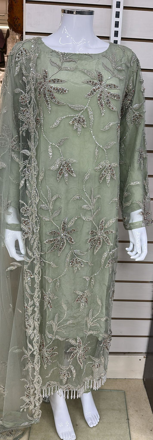 Luxury Party Wear - Handmade Cutdana Embroided Net with Plain Trouser and Embroided Cutdana Dupatta