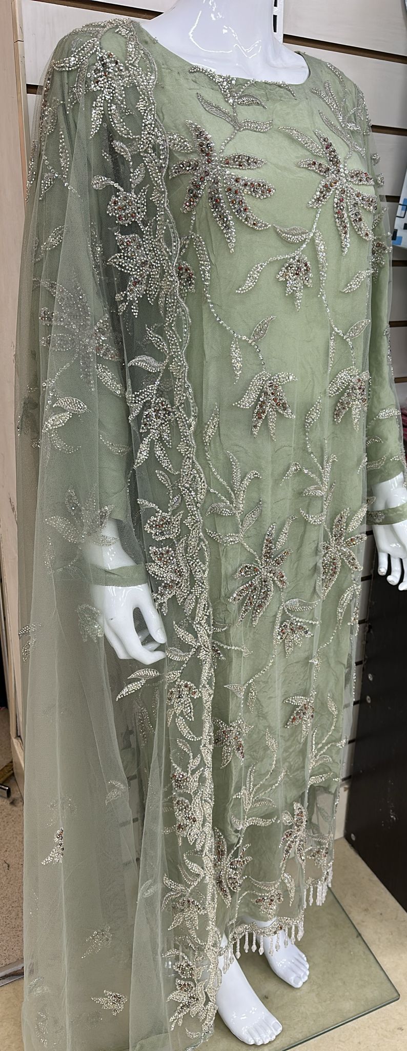 Luxury Party Wear - Handmade Cutdana Embroided Net with Plain Trouser and Embroided Cutdana Dupatta