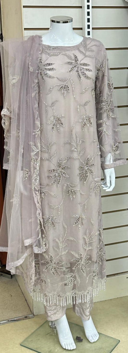 Luxury Party Wear - Handmade Cutdana Embroided Net with Plain Trouser and Embroided Cutdana Dupatta