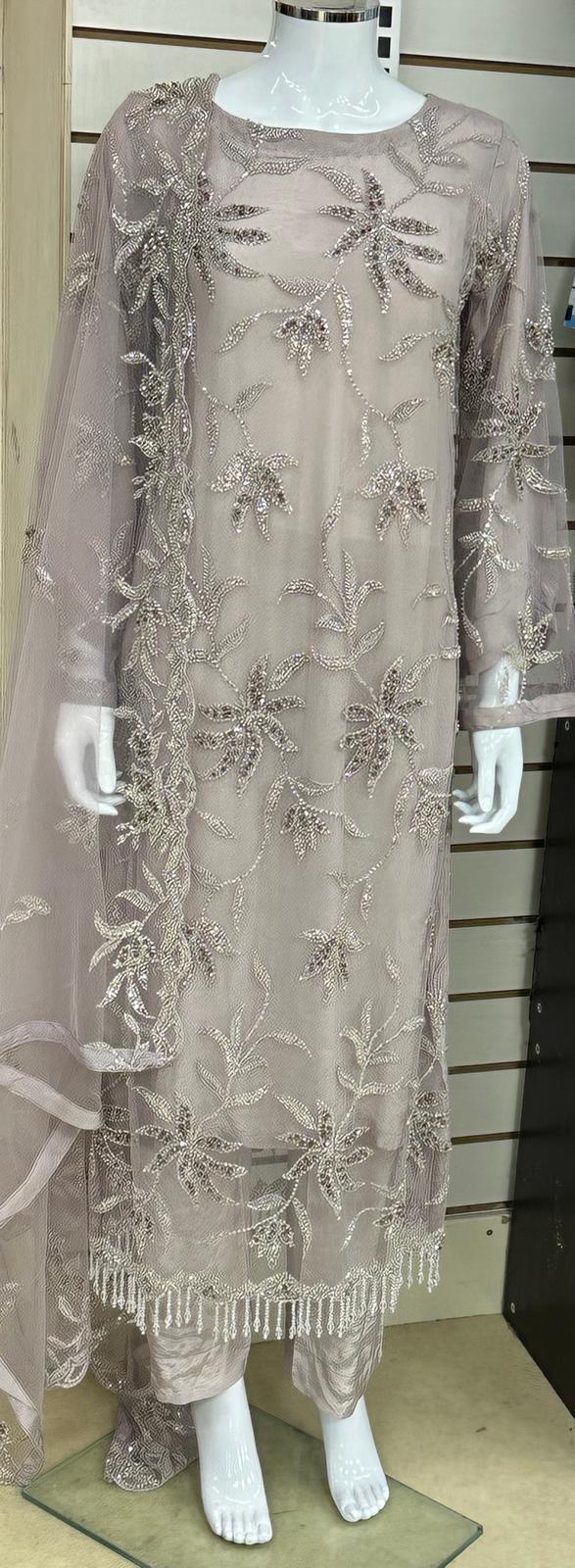 Luxury Party Wear - Handmade Cutdana Embroided Net with Plain Trouser and Embroided Cutdana Dupatta