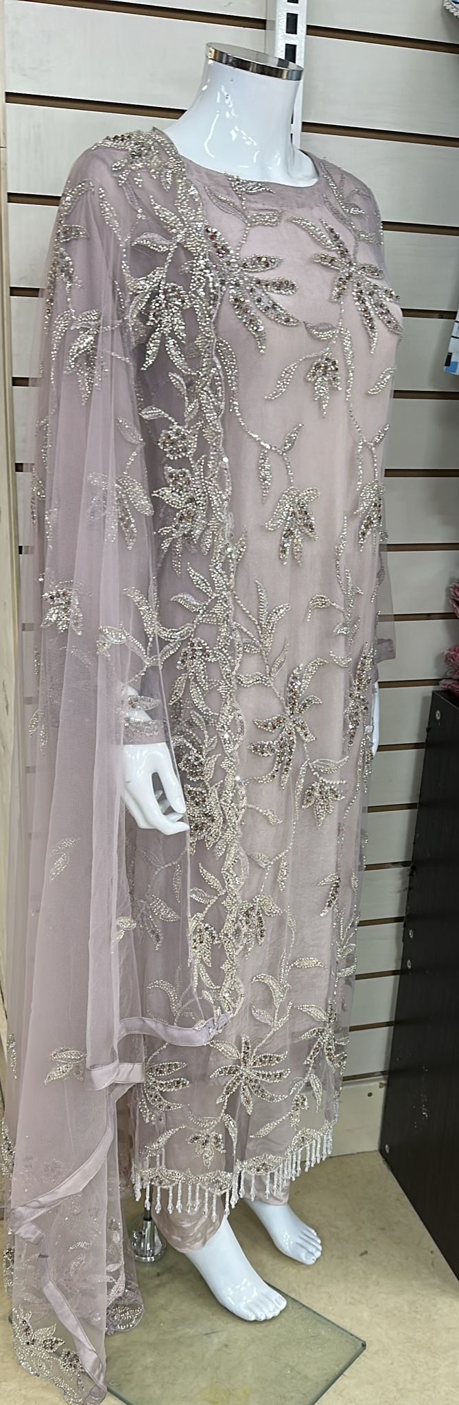 Luxury Party Wear - Handmade Cutdana Embroided Net with Plain Trouser and Embroided Cutdana Dupatta