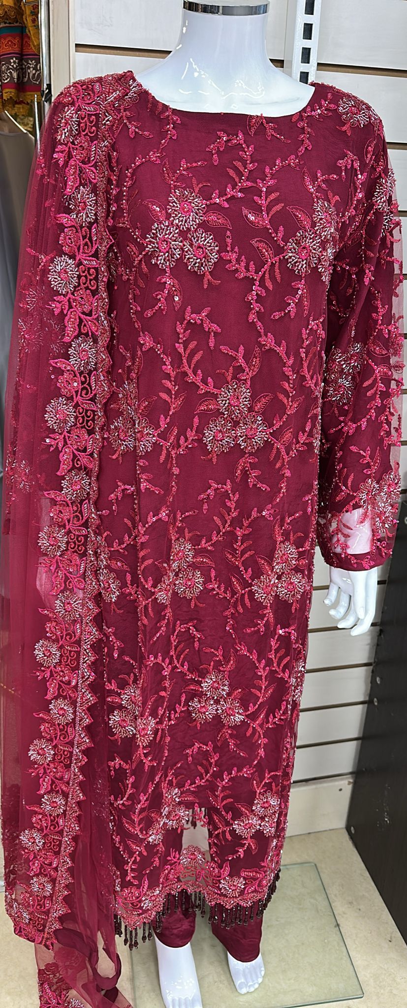 Luxury Party Wear - Handmade Cutdana Embroided Net with Plain Trouser and Embroided Cutdana Dupatta