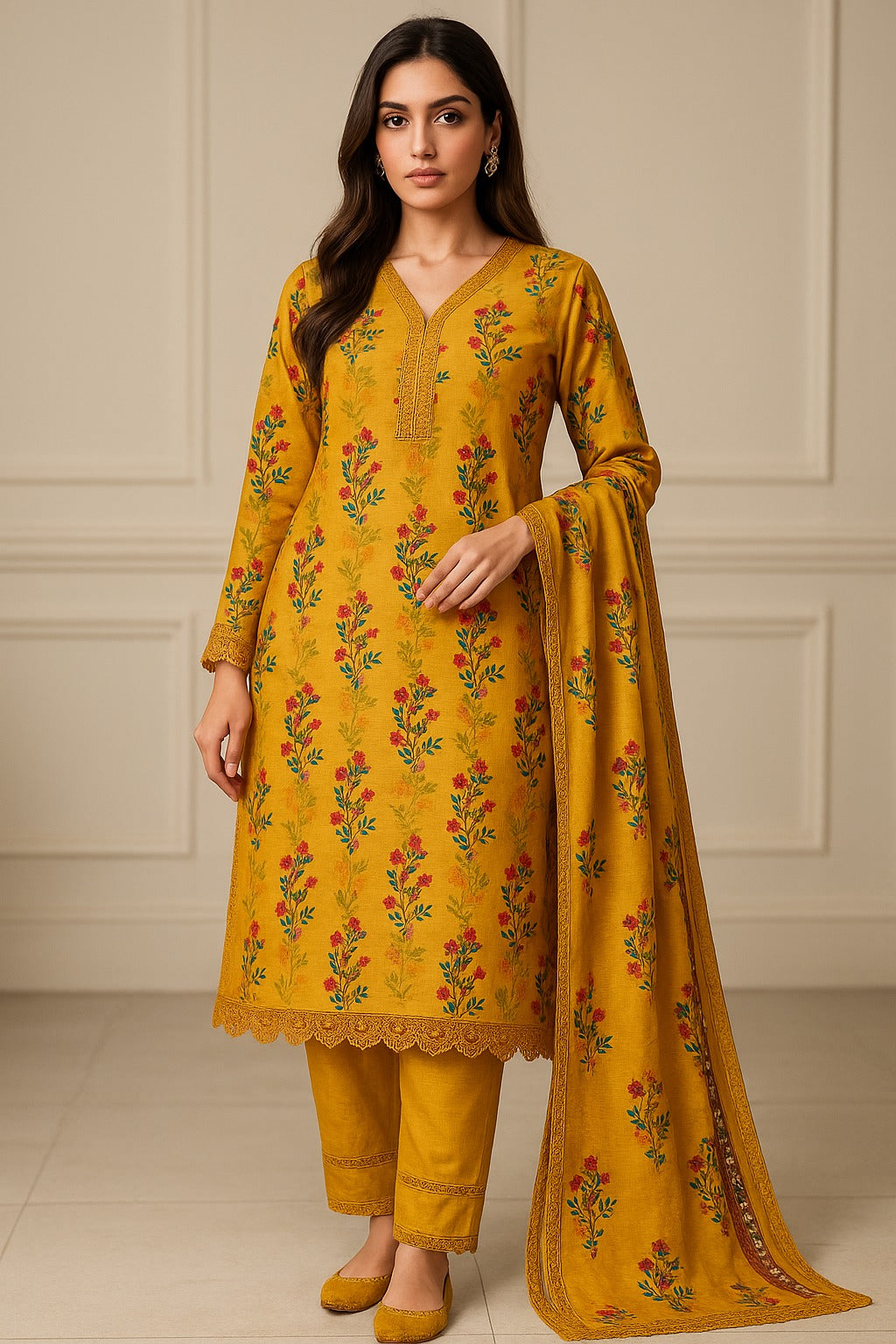 Khaddar 3 Piece with Plain Trouser and Matching Print Dupatta