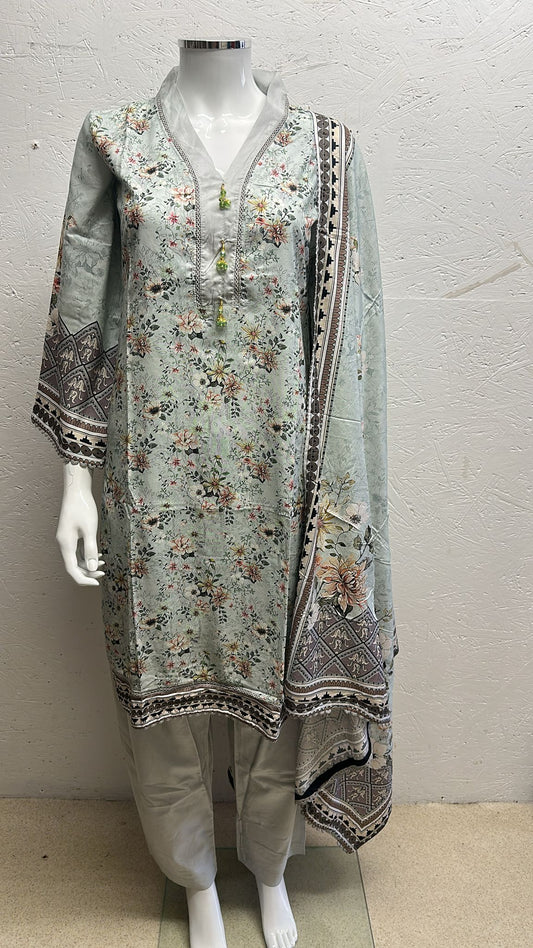 Linen 3 Piece with Plain Trouser and Printed Dupatta