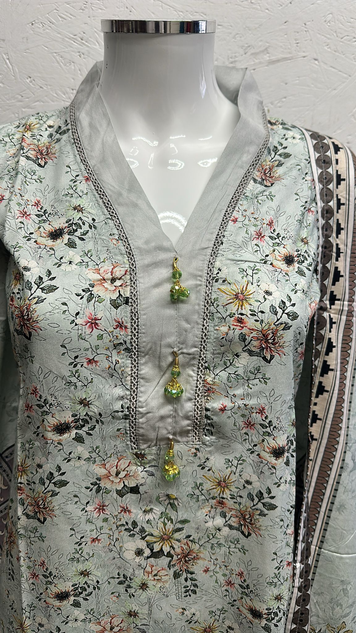 Linen 3 Piece with Plain Trouser and Printed Dupatta