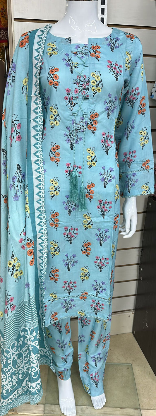 Linen Viscose 3 Piece with Matching Trouser and Printed Dupatta