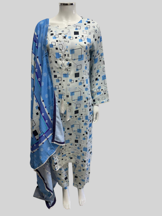 Linen Viscose 3 Piece with Matching Trouser and Printed Dupatta