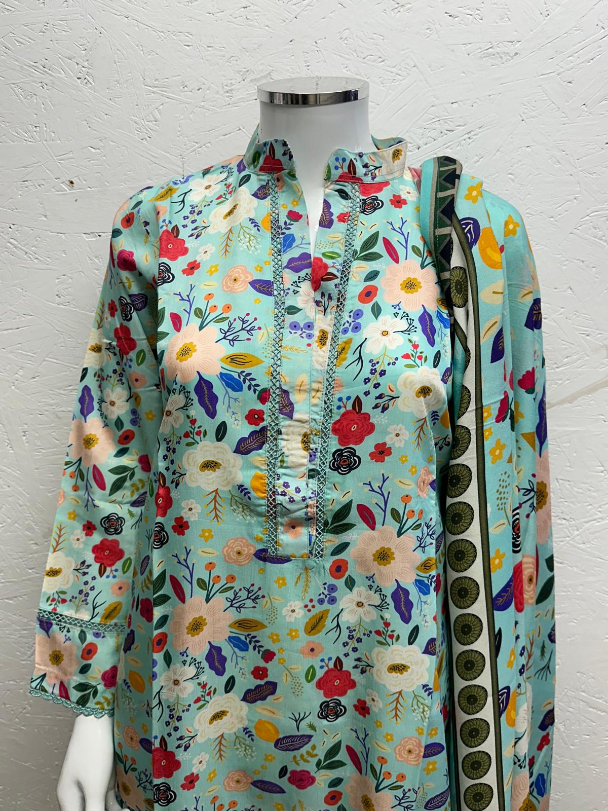 Linen Viscose 3 Piece with Matching Trouser and Printed Dupatta