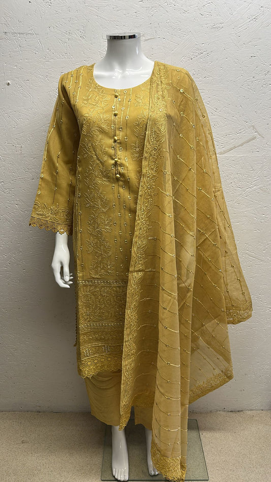 Net 3 Piece with Plain Trouser and Heavy Embriodery Net Dupatta