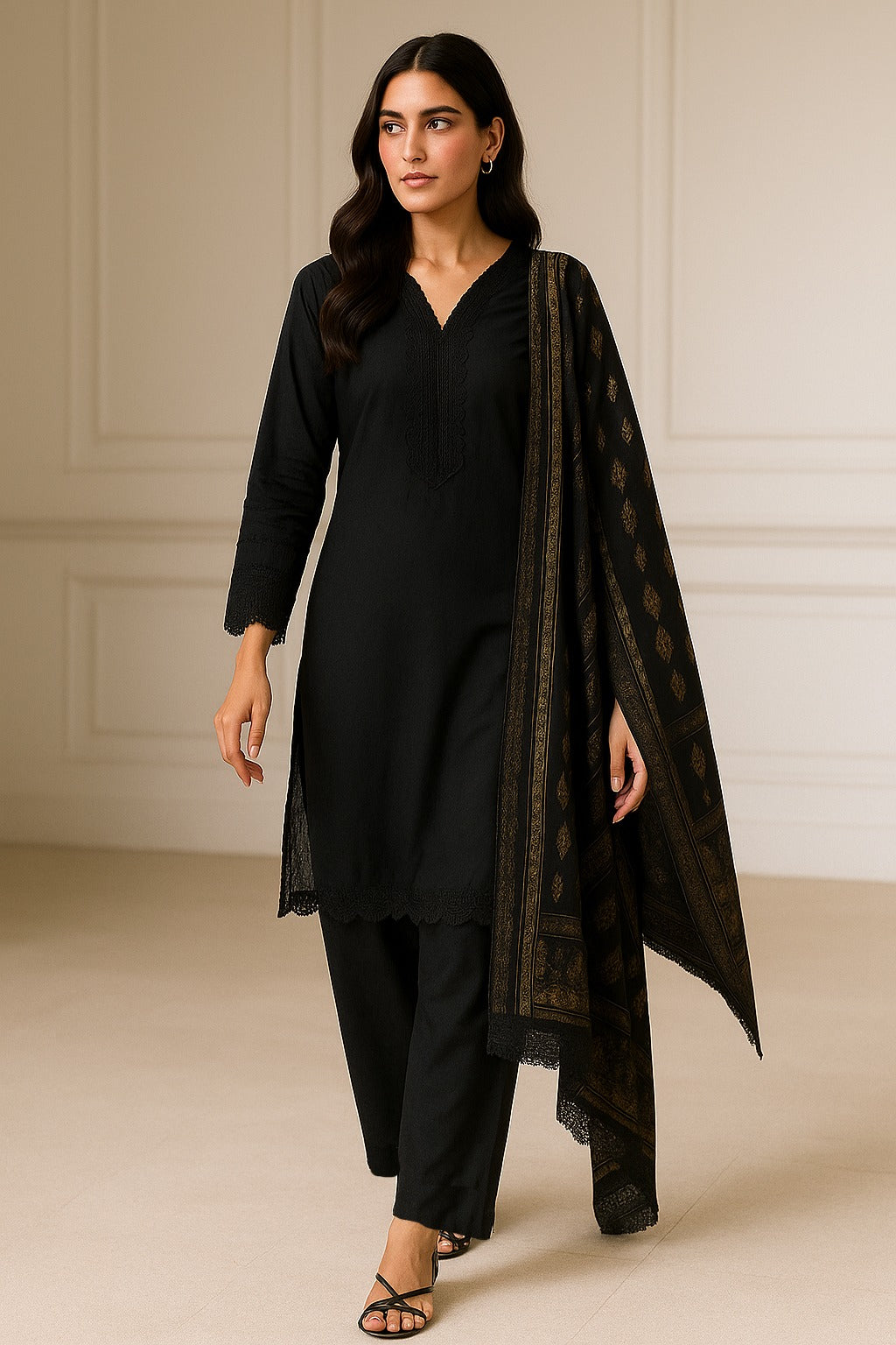 Premium Cotton 3 Piece with Plain Trouser and Printed Tarkashi Dupatta