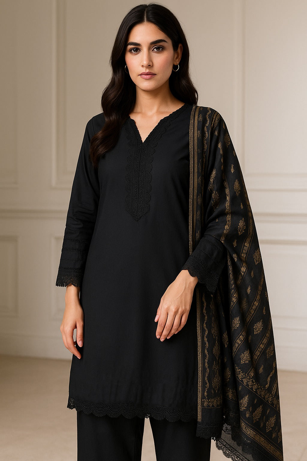 Premium Cotton 3 Piece with Plain Trouser and Printed Tarkashi Dupatta