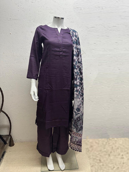 Slub Lawn 3 Piece with Plain Trouser and Printed Lawn Dupatta