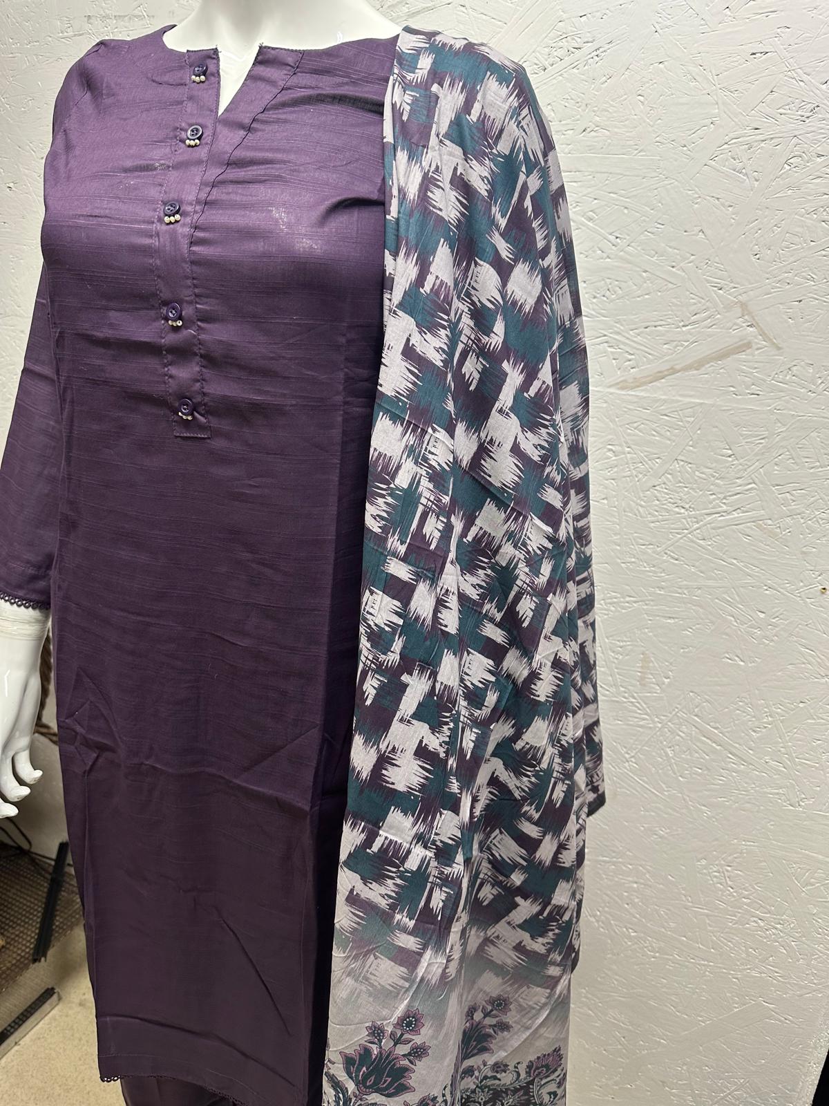 Slub Lawn 3 Piece with Plain Trouser and Printed Lawn Dupatta